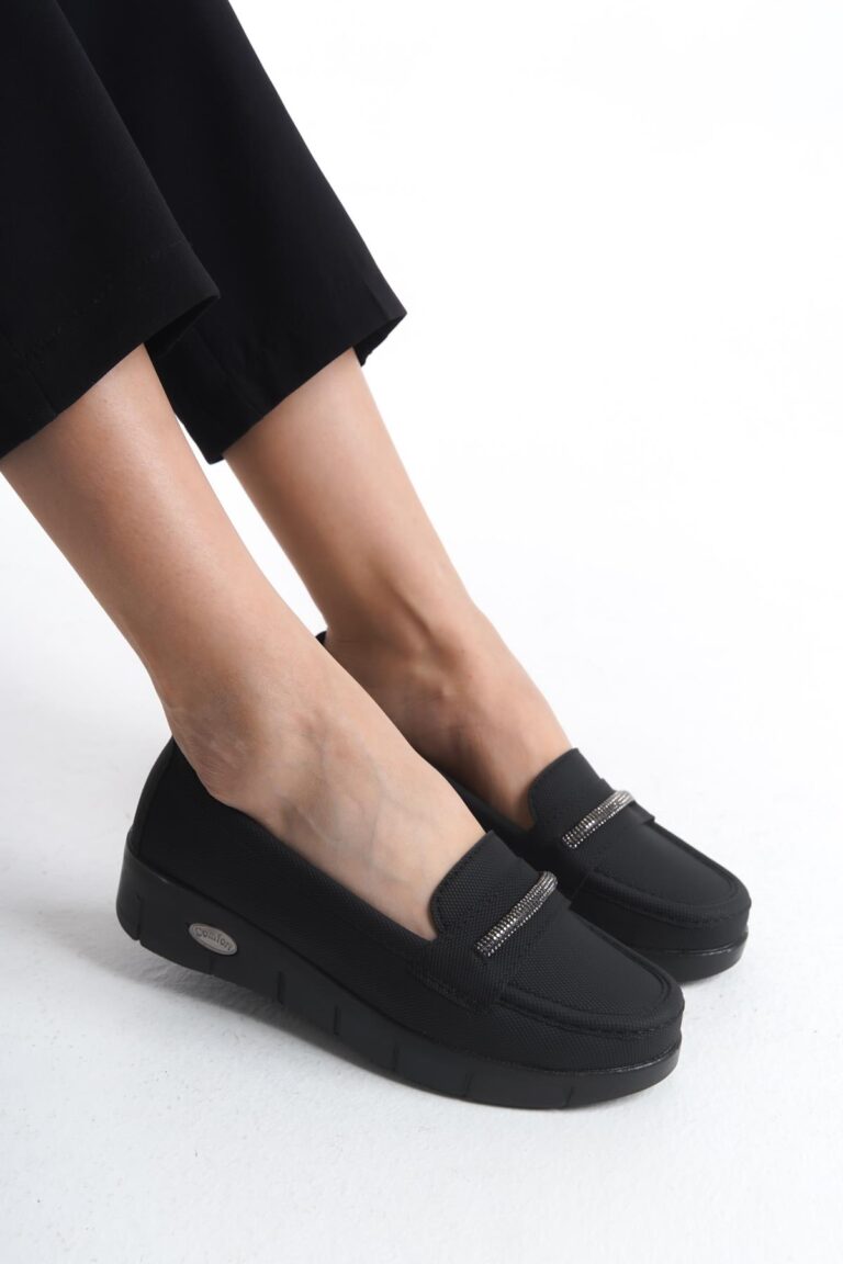 Kadın Önü Taş Detaylı Comfort Taban Loafer Ayakkabı Hafif Taban Rahat Günlük Ayakkabı
